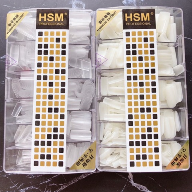 Hộp 500 Móng úp tay giả vuông, thang, nhọn, bầu HSM trơn, nhám đục, trong nail Hàn Quốc dài chuẩn form loại 1 - Móng up HSM đục trong đủ size