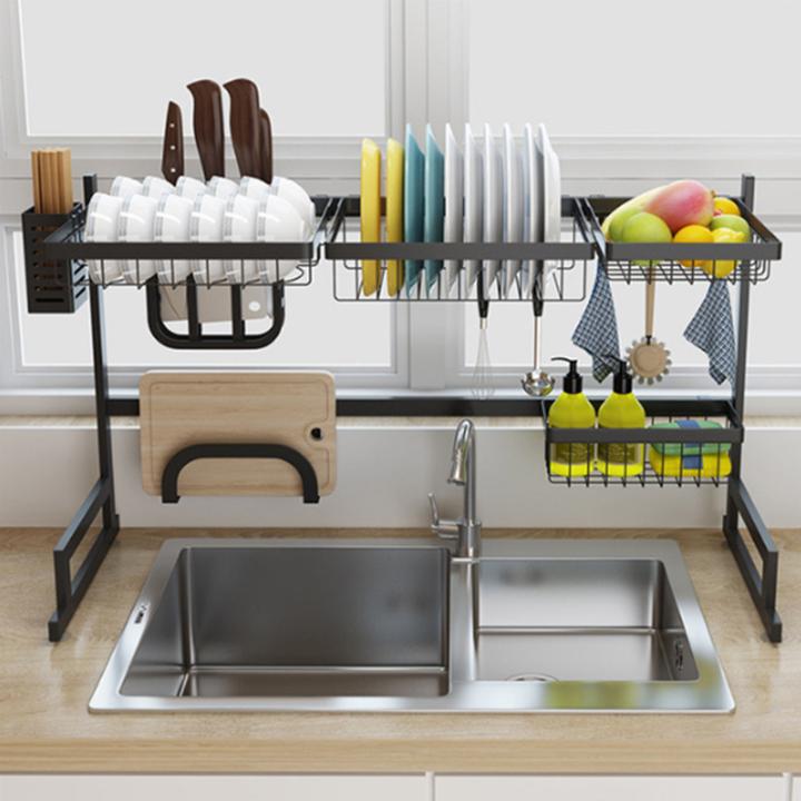 Kệ để chén bát trên chậu rửa inox đen cao cấp  85cm , có ngăn để dao, thớt , nước rửa chén - Kệ chén bát inox