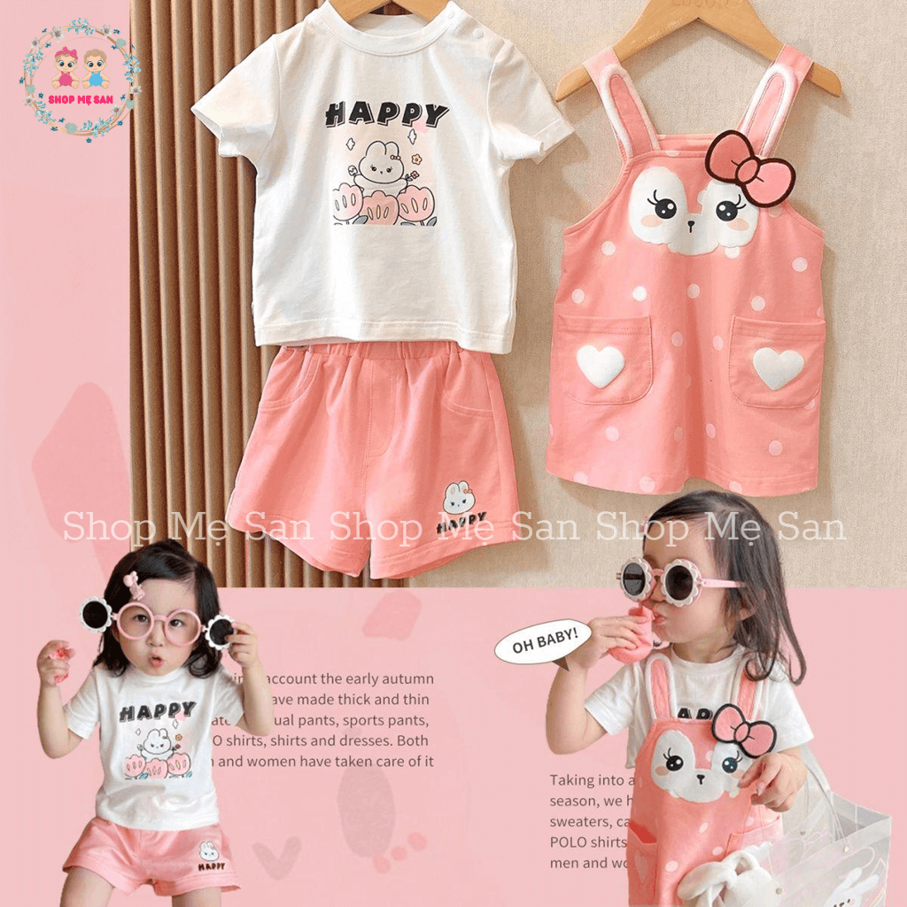 Bộ cộc tay bé gái, bộ hè bé gái set 3 chi tiết yếm-áo-quần chất cotton mềm mát kiểu dáng dễ thương