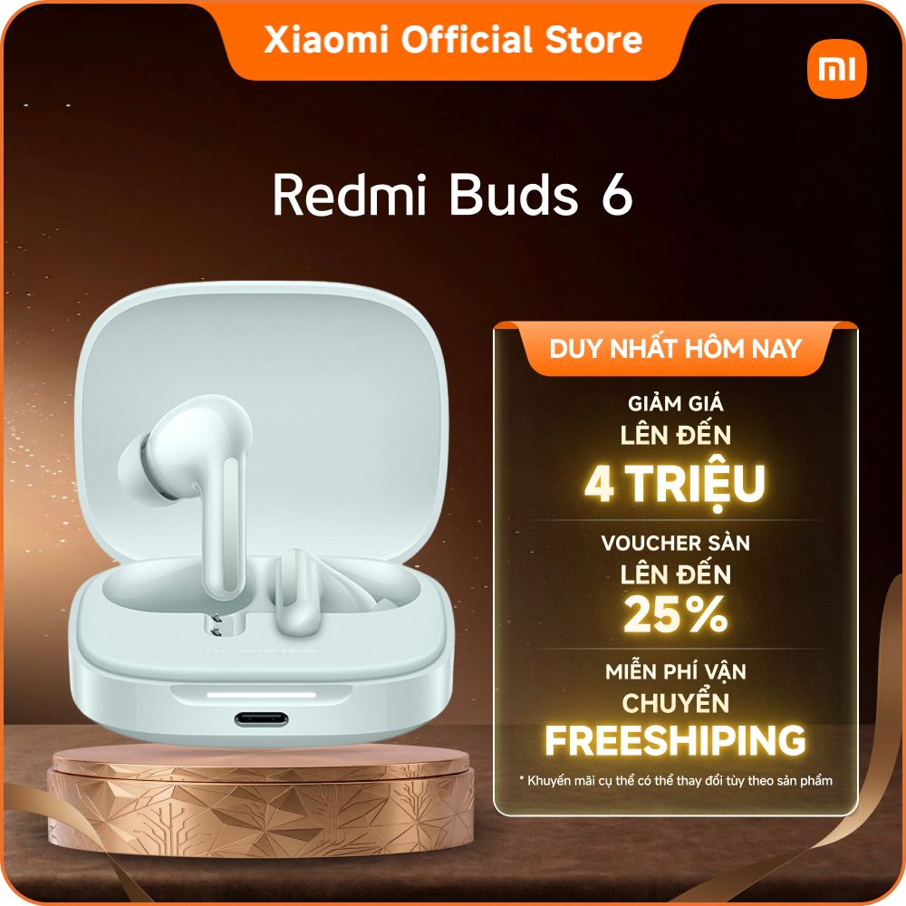 Tai nghe Bluetooth Xiaomi REDMI Buds 6 | Thiết kế âm học với trình điều khiển kép cho âm thanh phong phú | Khử tiếng ồn chủ động lên đến 49dB* | Công nghệ giảm nhiễu qua micrô kép do AI điều chỉnh giúp nghe gọi rõ ràng hơn