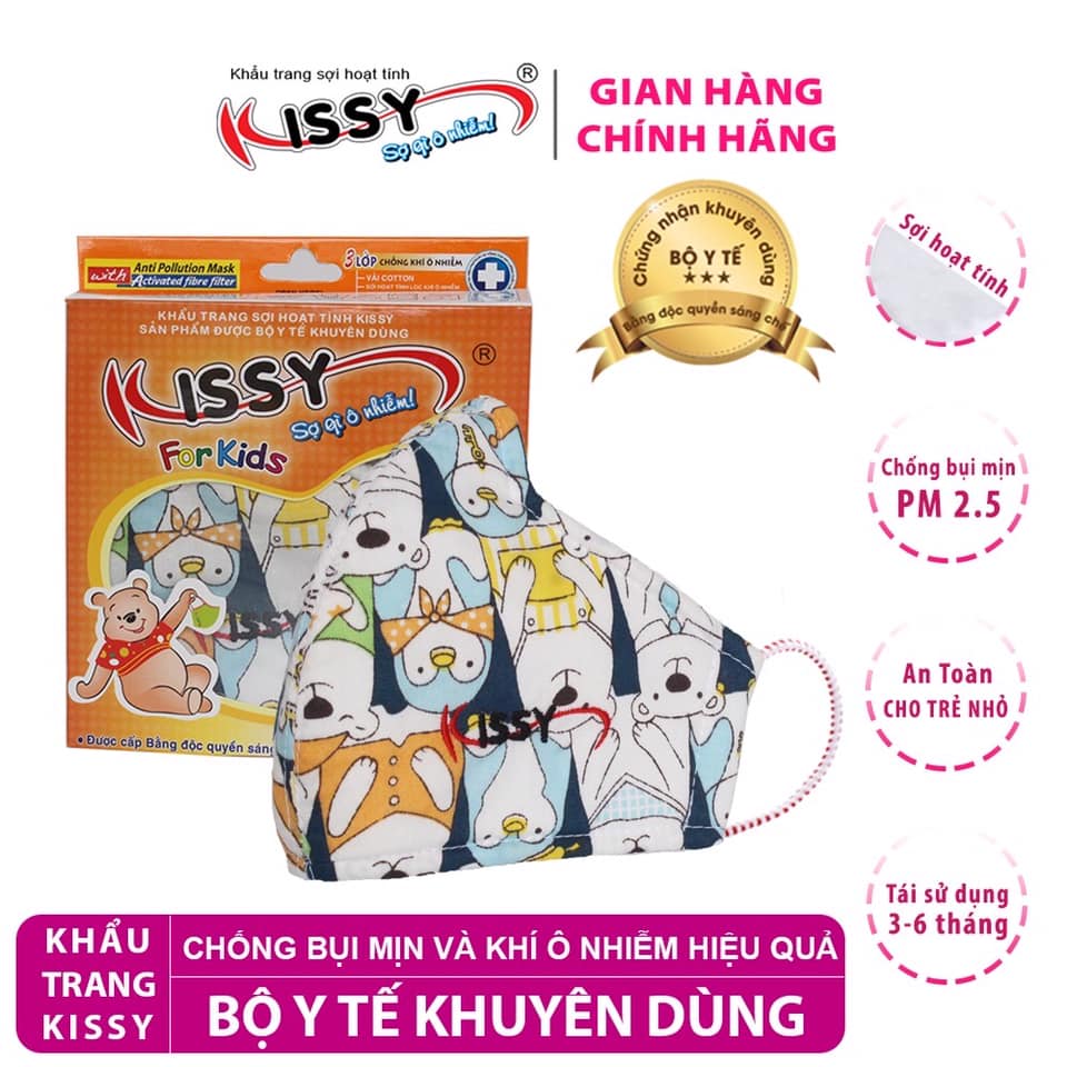 Khẩu trang kissy cho bé 4-10 tuổi họa tiết gấu - bộ y tế khuyên dùng chống nắng và bụi mịn hiệu quả- size s