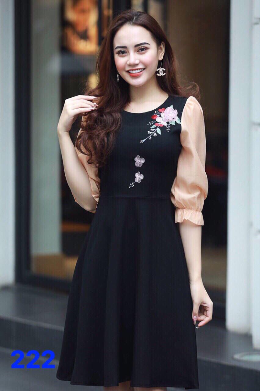 Đầm nữ phối tay lưới in hoa pu12