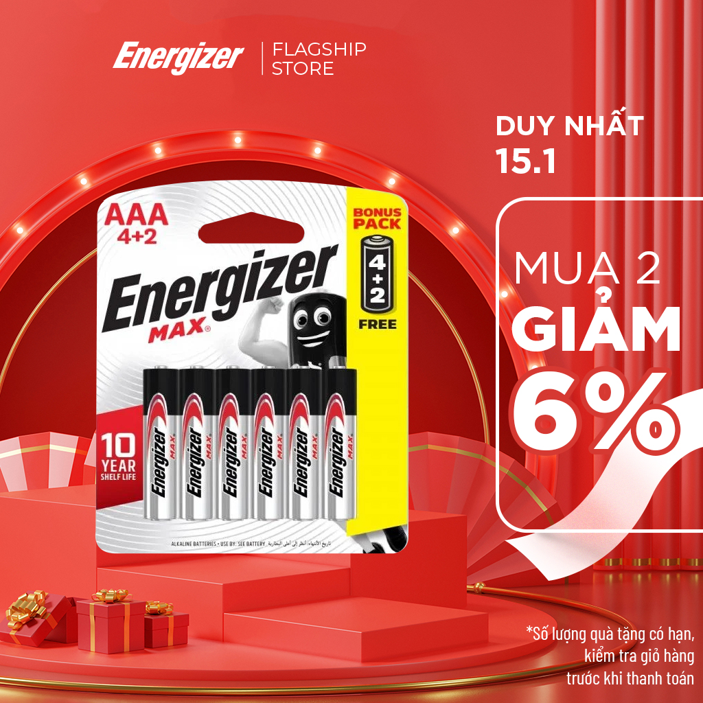 Pin AAA Energizer Max E92 BP4+2 - Vỉ 4 Tặng 2