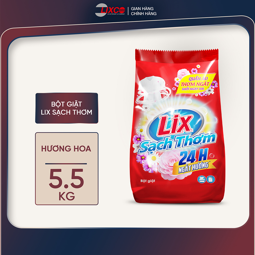 Bột giặt Lix hương hoa thơm ngát 5.5kg ES550 tăng gấp đôi sức mạnh giặt tẩy quần áo sạch thơm lâu cho giặt tay, máy - Lixco Việt Nam