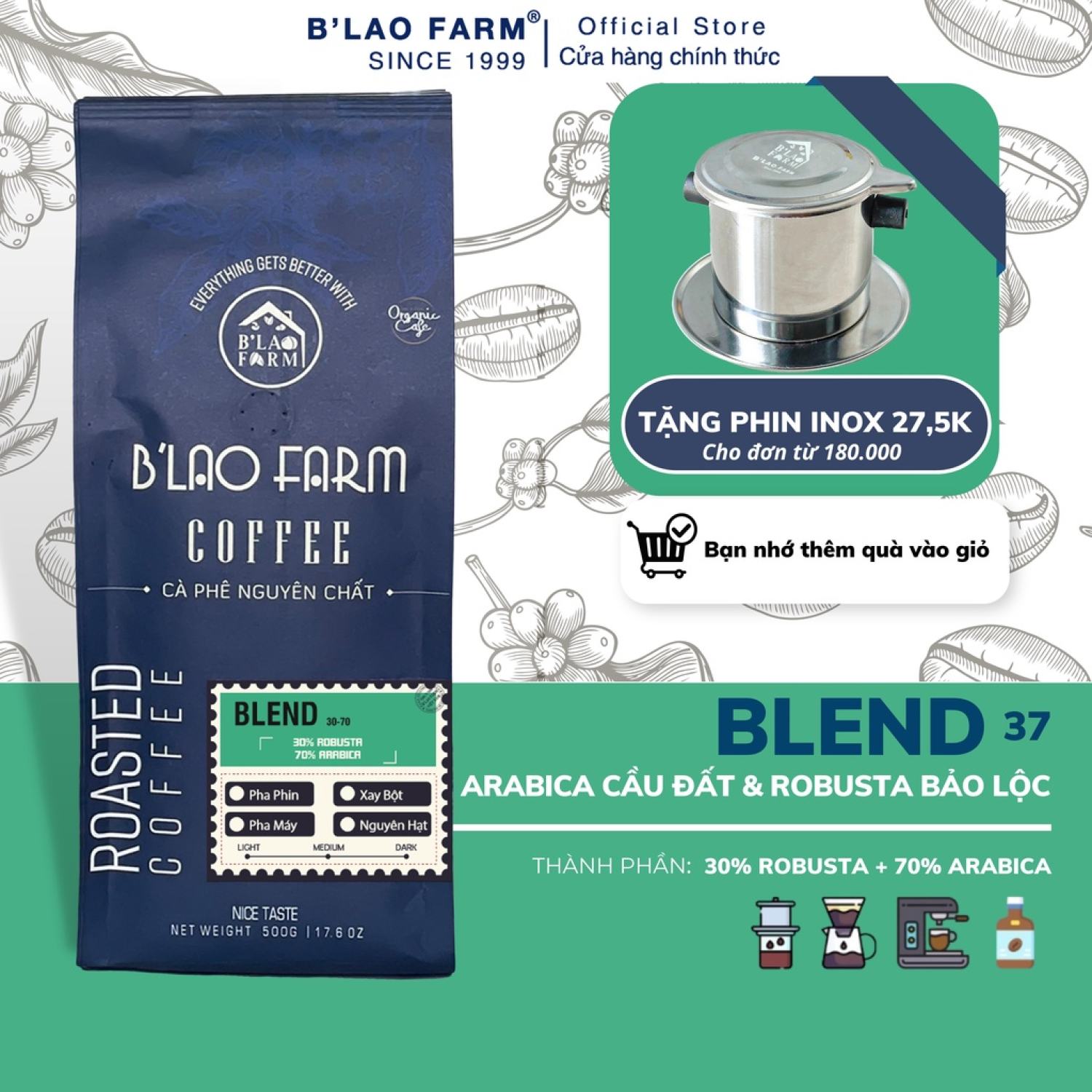 Cà phê rang xay nguyên chất Blend 30% Robusta và 70% Arabica B lao Farm