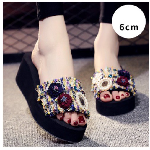 Dép nữ quai ngang đế xuồng đính hoa ren cao 6cm, dép lê nữ