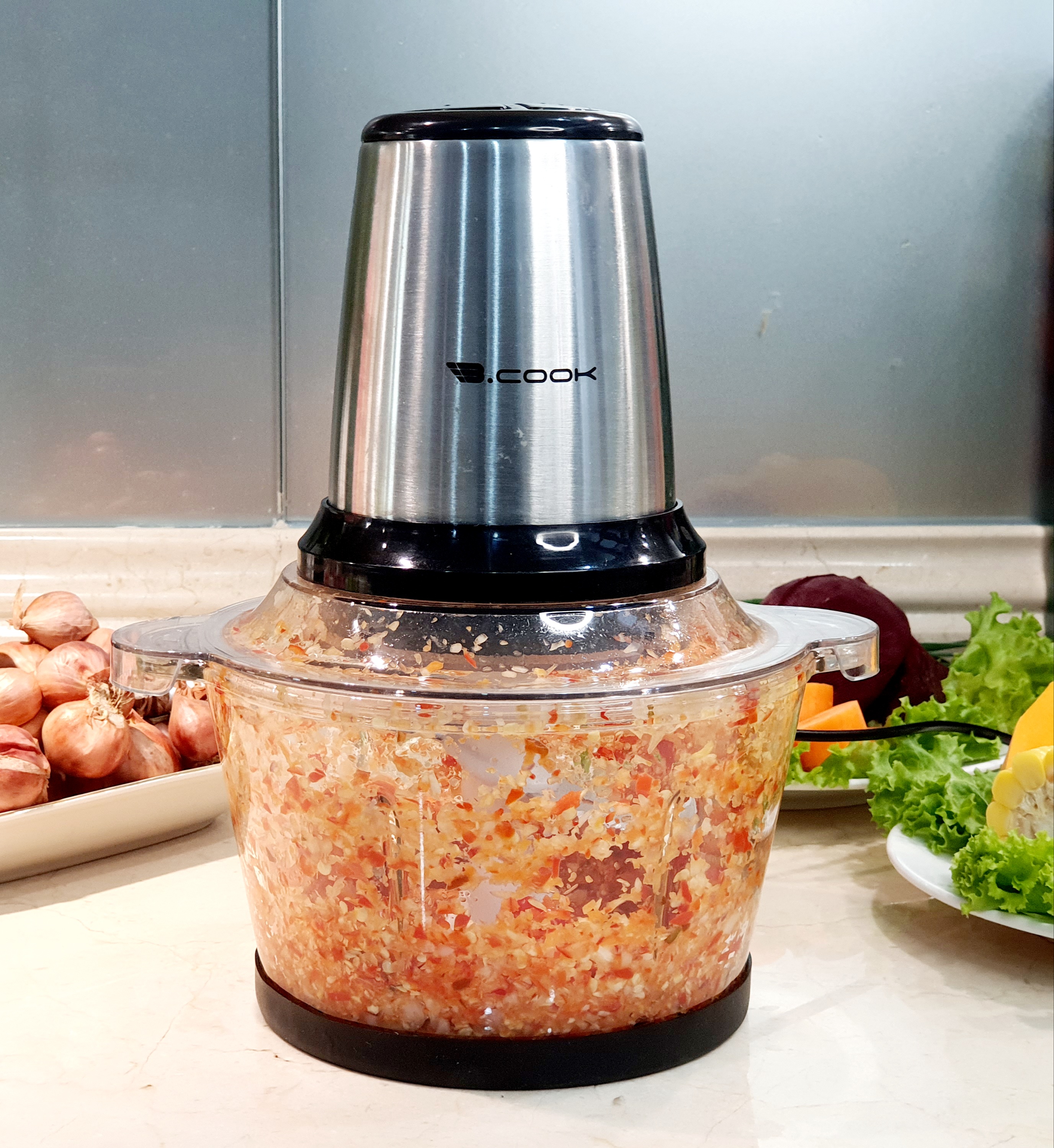 Máy xay đa năng BCOOK, máy xay thực phẩm cối THUỶ TINH,Máy xay thịt tỏi ớt sinh tố đa năng, lưỡi dao sắc bén, xay cực nhuyễn