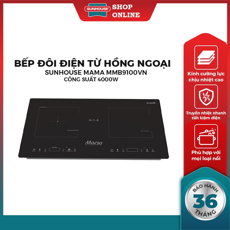 Bếp điện đôi từ hồng ngoại sunhouse mama mmb9100vn - bếp điện tích hợp 1 từ 1 hồng ngoại làm nóng nhanh - bảng điều khiển cảm ứng - bảo hành 36 tháng tại nhà