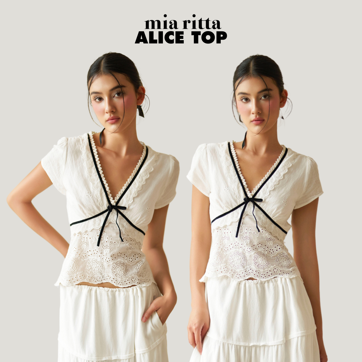 Áo cộc tay Alice Top Mia Riita A2194 - Áo cộc tay trắng thô mềm phối ren - Áo ngắn tay cổ V đính nơ