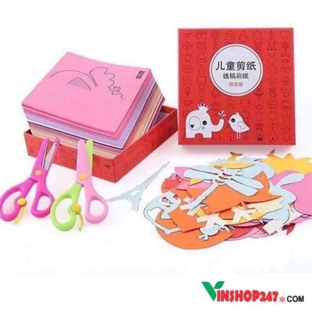 Bộ đồ chơi cắt dán hình, giấy thủ công, bộ gồm 240 tờ giấy và 2 kéo cắt giấy