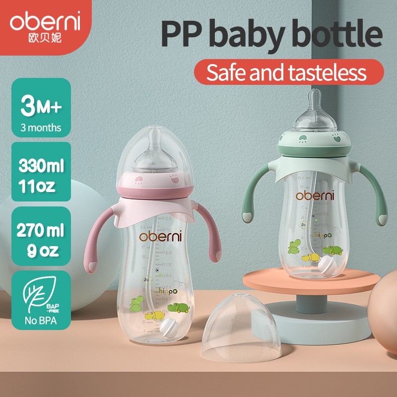Oberni Bình sữa cho trẻ sơ sinh Bình sữa PP cổ rộng Bình sữa sơ sinh có in hoa văn Chống rơi và chống Colic 330ml