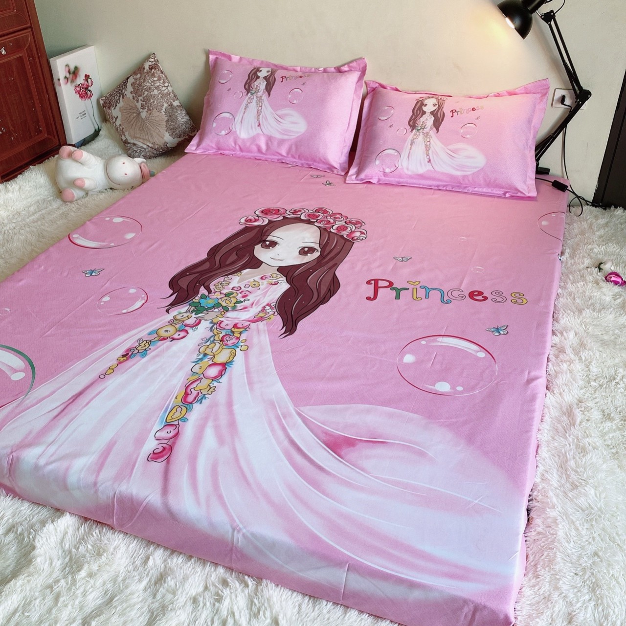 Set 3 Món Ga Gối (1 ga chun, 2 áo gối nằm) Cotton Tici Mẫu Công Chúa Hồng, An Toàn Cho Người Sử Dụng