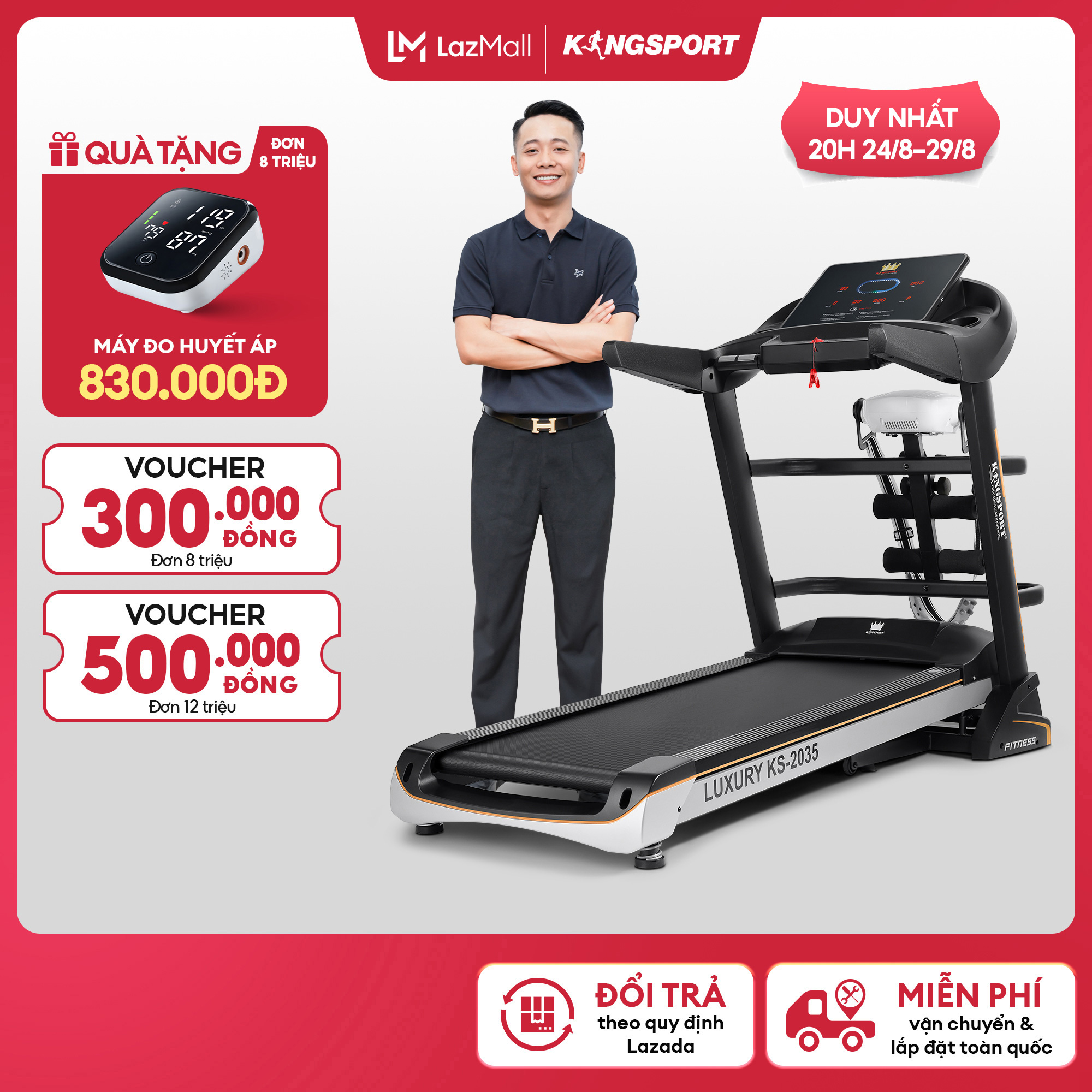 [Miễn phí vận chuyển] Máy chạy bộ KINGSPORT KS-2035 đa năng, thao tác phím cảm ứng, thiết kế sang trọng cứng cáp, kèm đai massage và thanh gập bụng
