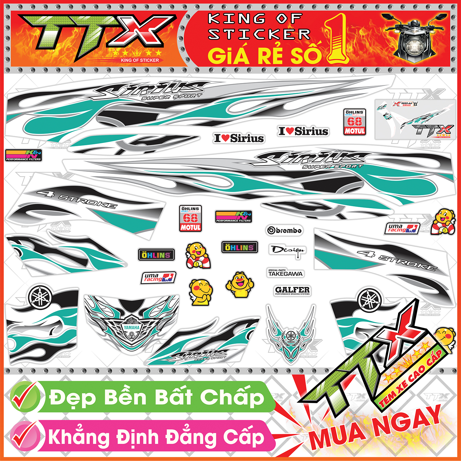 Tem xe sirius trắng xanh lục bảo - tem sirius lửa xanh lục bảo siêu đẹp - mẫu team sirius xanh lục bảo trắng