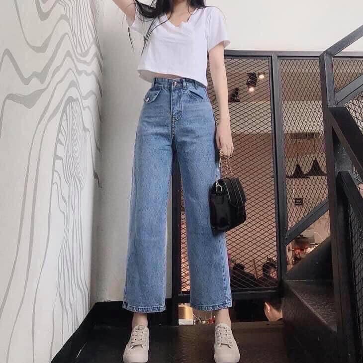 ( ẢNH THẬT) QUẦN BAGGY JEAN, BÒ ỐNG RỘNG TRƠN NẮP TÚI CẠP CAO THỜI TRANG HÀN QUỐC, AMELIA