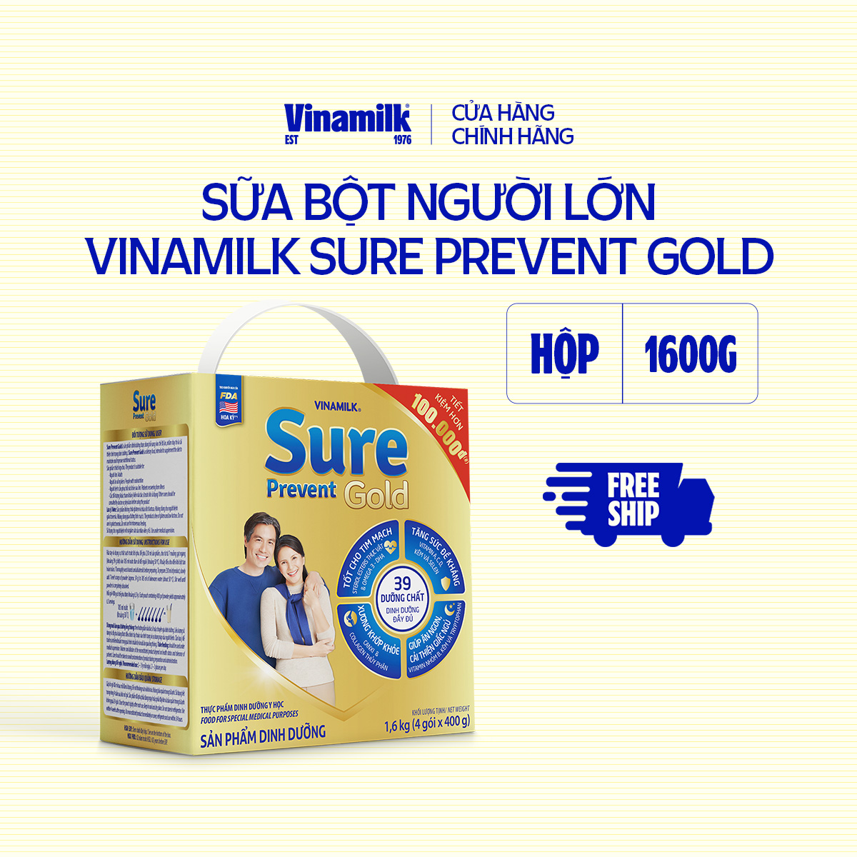 Sữa bột cho người lớn tuổi Vinamilk Sure Prevent 1600g (Hộp giấy) - bổ sung dinh dưỡng và tăng cường sức khỏe