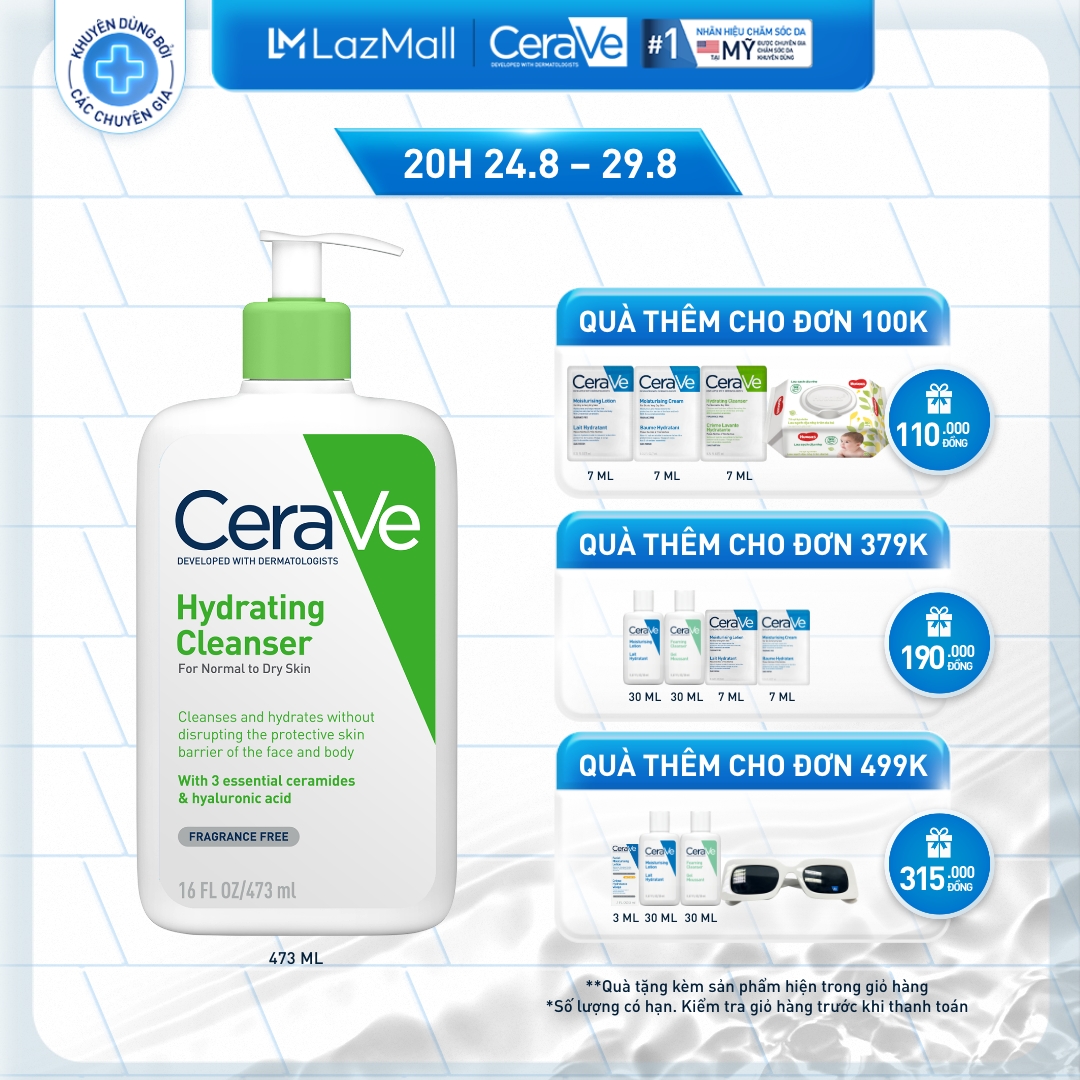 Sữa rửa mặt giúp làm sạch sâu và cấp ẩm dành cho da thường và da khô CeraVe Hydrating Cleanser 473ML