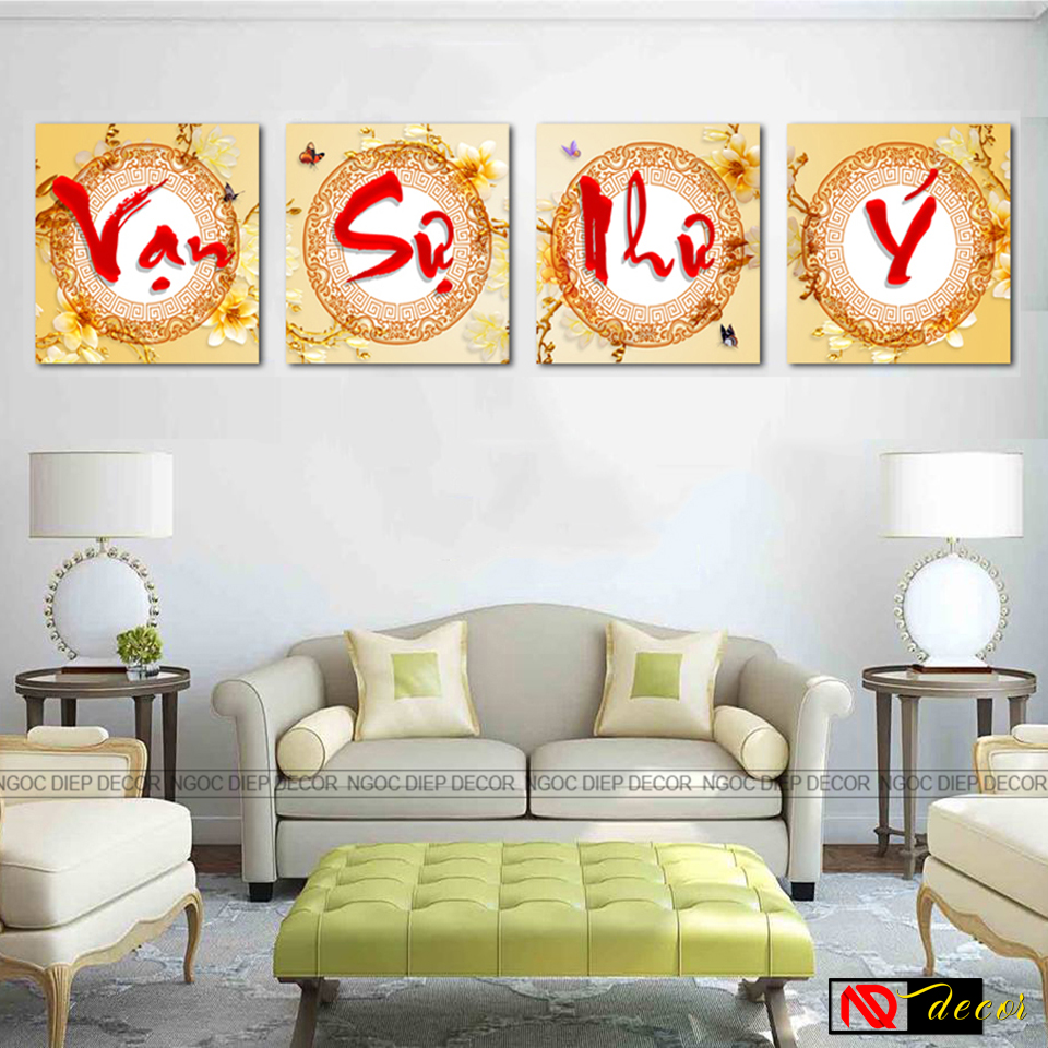Bộ 4 tấm tranh dán tường phòng khách Vạn Sự Như Ý, tranh phong thủy in sắc nét rực rỡ