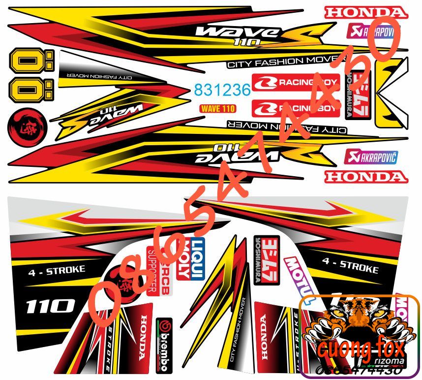 Tem Rời. Tem Dán Xe .Tem Xe Wave 110 Đỏ Vàng Mã 831236 Tem Tự Chế . Tem Dán 3 Lớp Chống Phai