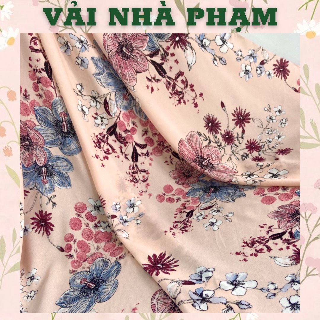 Lụa cát hoạ tiết hoa nền hồng cam nhạt-khổ 1.5m-vải nhà phạm