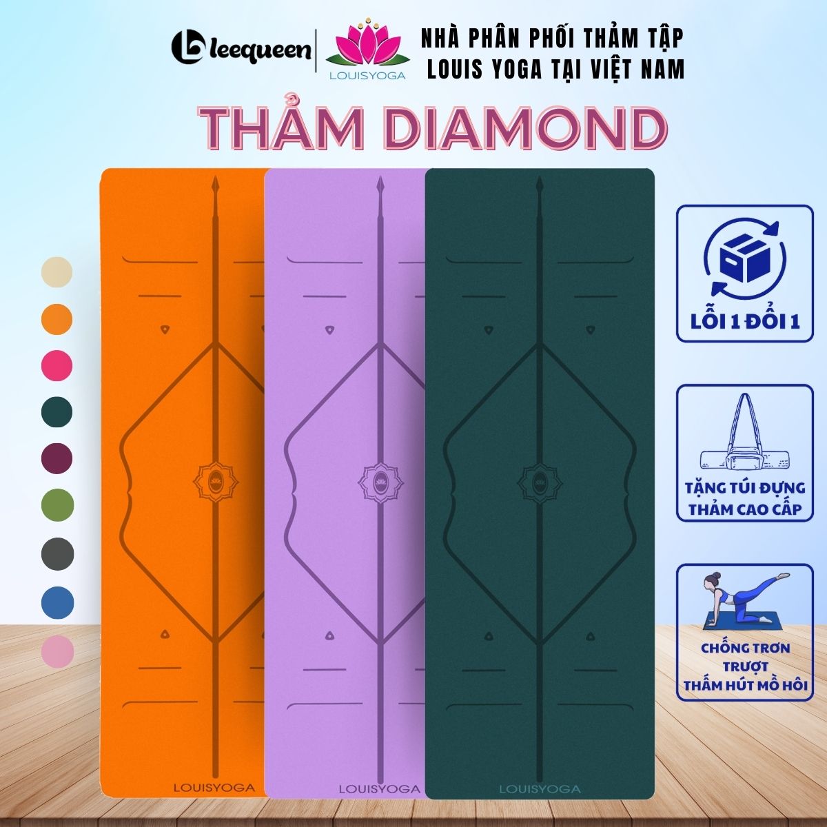Thảm tập yoga cao su cao cấp louis diamond 183x68x0.5cm định tuyến - chất liệu cao su chống thấm, chống trơn, trượt