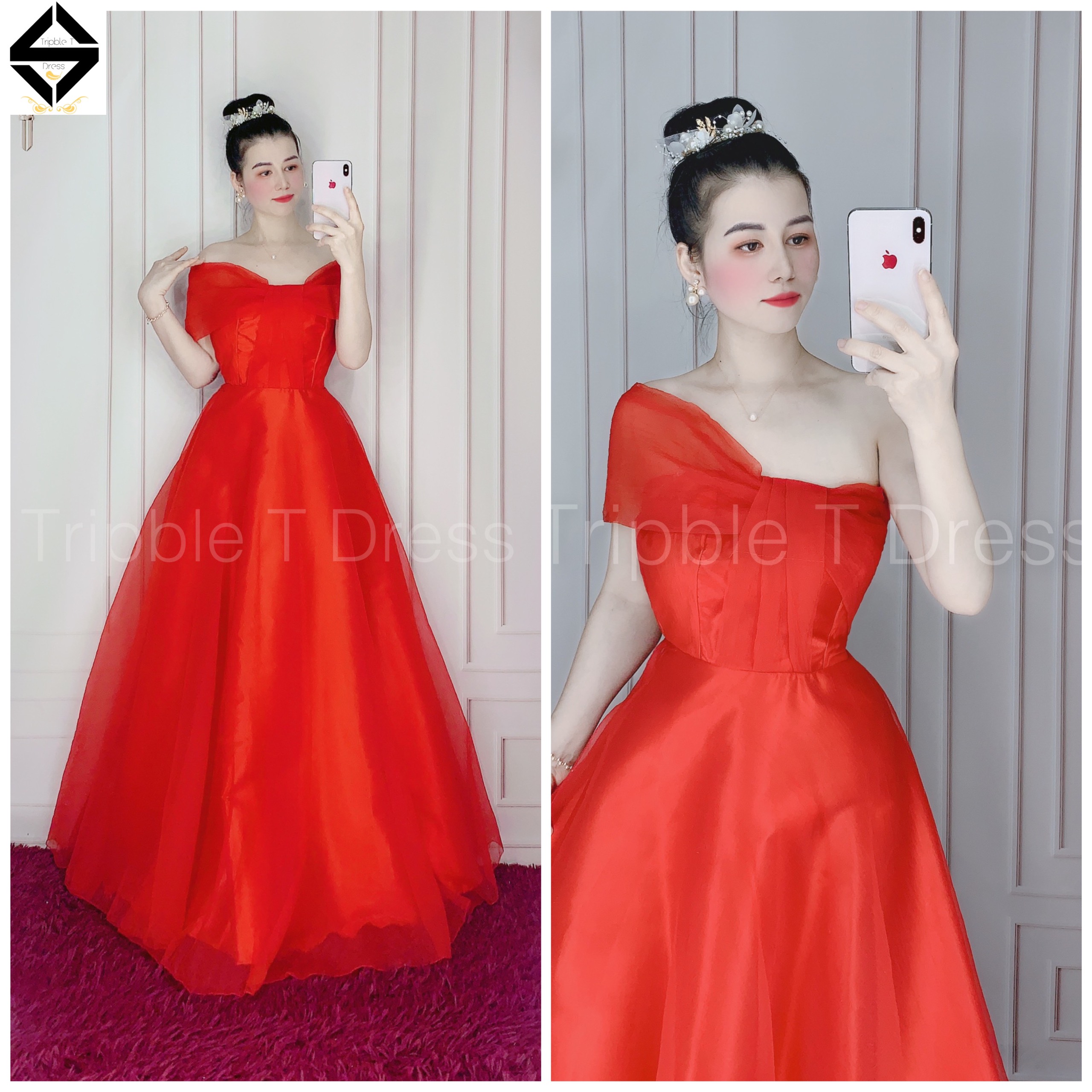 [HCM]Đầm maxi mặc cưới được 2 kiểu trễ vai hoặc 1 vai đều đẹp TRIPBLE T DRESS02 - size M/L - MS24Y