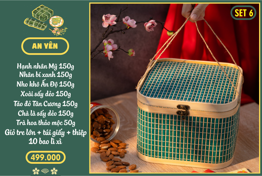 Quà tết 2024 - set 6 an yên: 7 món 1994food - hạnh nhân mỹ, nhân bí xanh mông cổ, táo đỏ tân cương, trà hoa thảo mộc, xoài sấy dẻo, nho ấn độ, chà là sấy dẻo/ sỉ toàn quốc chiết khấu cực tốt