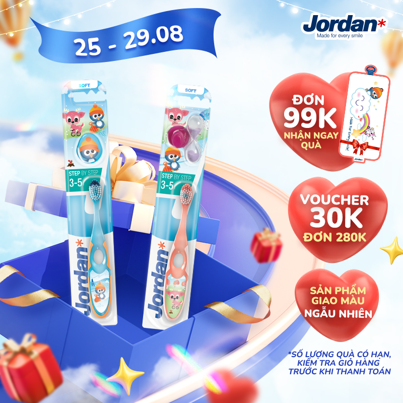 [Combo 2 chiếc] Bàn chải đánh răng cho trẻ em 3-5 tuổi Jordan Step 2, Lông mềm