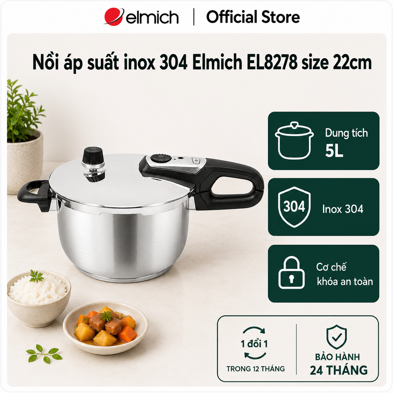(Chỉ 15-17.07)Nồi áp suất inox 304 Elmich EL8278 22cm 5L