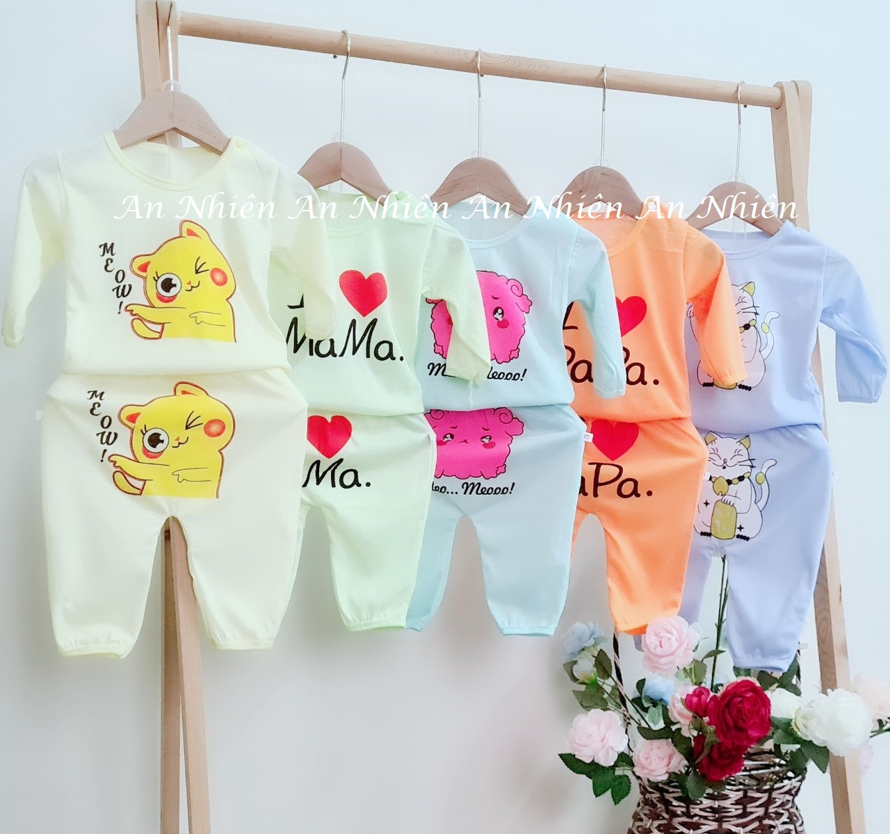 [Siêu đáng yêu] Combo 5 bộ quần dài áo dài họa tiết mèo thần tài cho bé 3-14kg