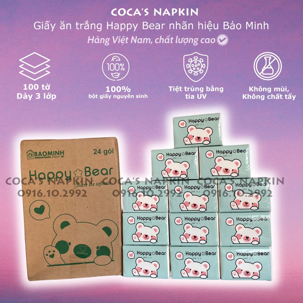 Thùng 24 gói giấy ăn trắng siêu dai, gói 120 tờ giấy rút lụa mềm mịn 3 lớp, không chất tẩy trắng Happy Bear
