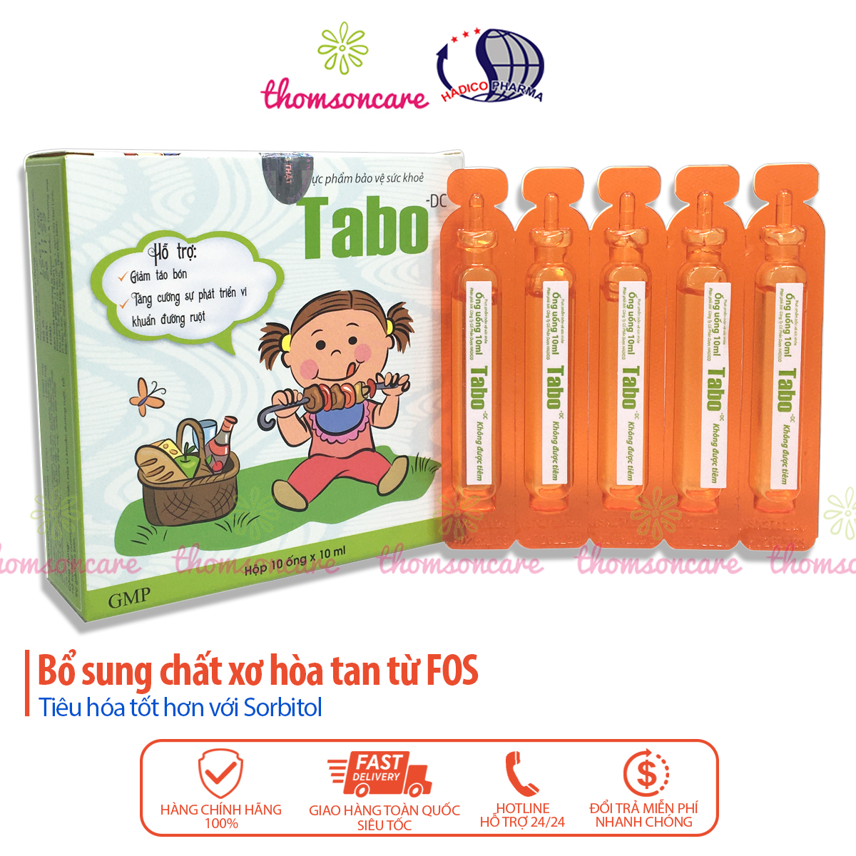 Siro giảm táo bón cho bé Tabo - hộp 10 ống tiện lợi từ chất xơ hòa tan FOS, tiêu hóa tốt, giảm biếng ăn cho trẻ