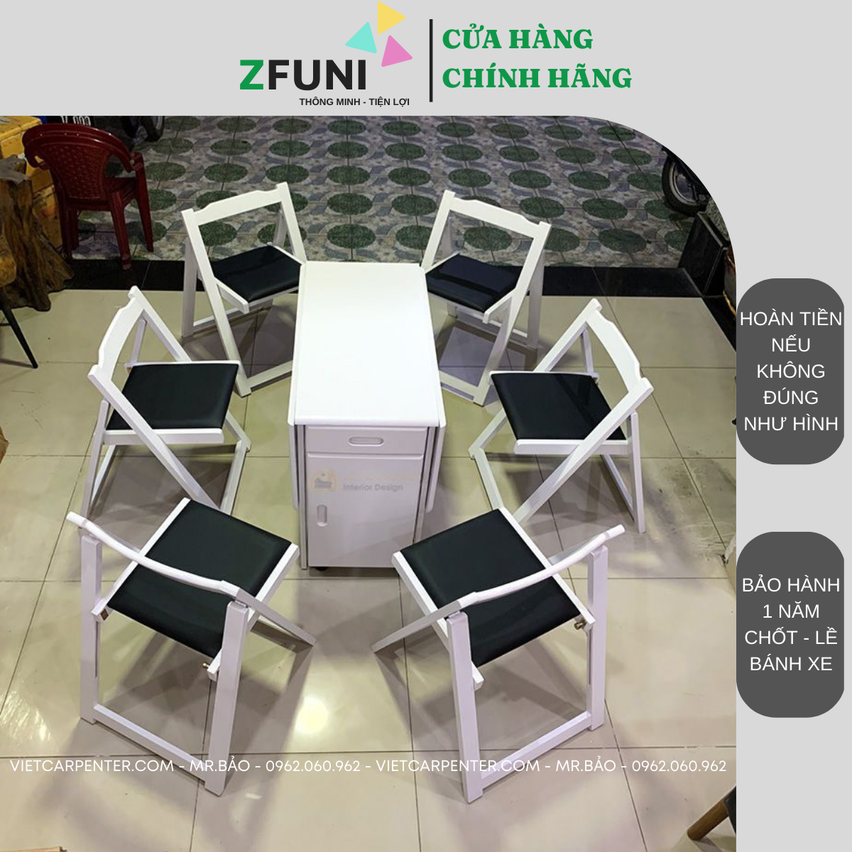 Bộ bàn ăn thông minh 6 ghế gấp gọn gỗ tự nhiên - màu trắng - có bánh xe xoay 360 độ