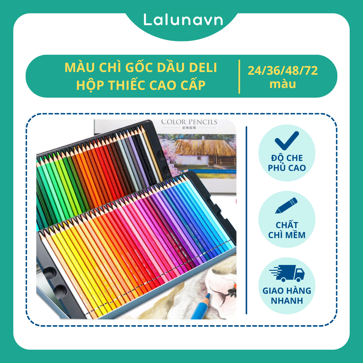 Màu chì Deli gốc dầu bộ chì tô màu khô vẽ tranh cao cấp hộp Thiếc 24/36/48/72 bút Lalunavn - B75