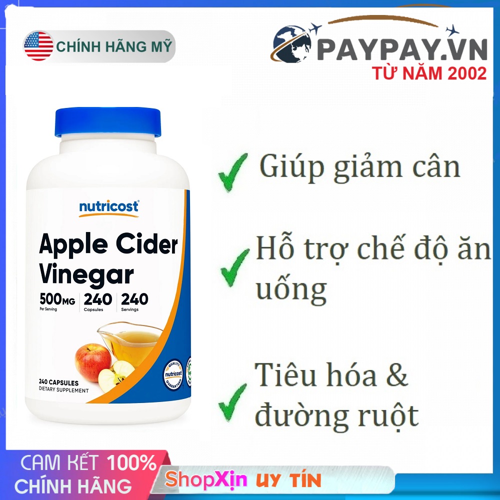 Viên uống Giảm Cân hỗ trợ Tiêu hóa Nutricost Apple Cider Vinegar 500mg 240