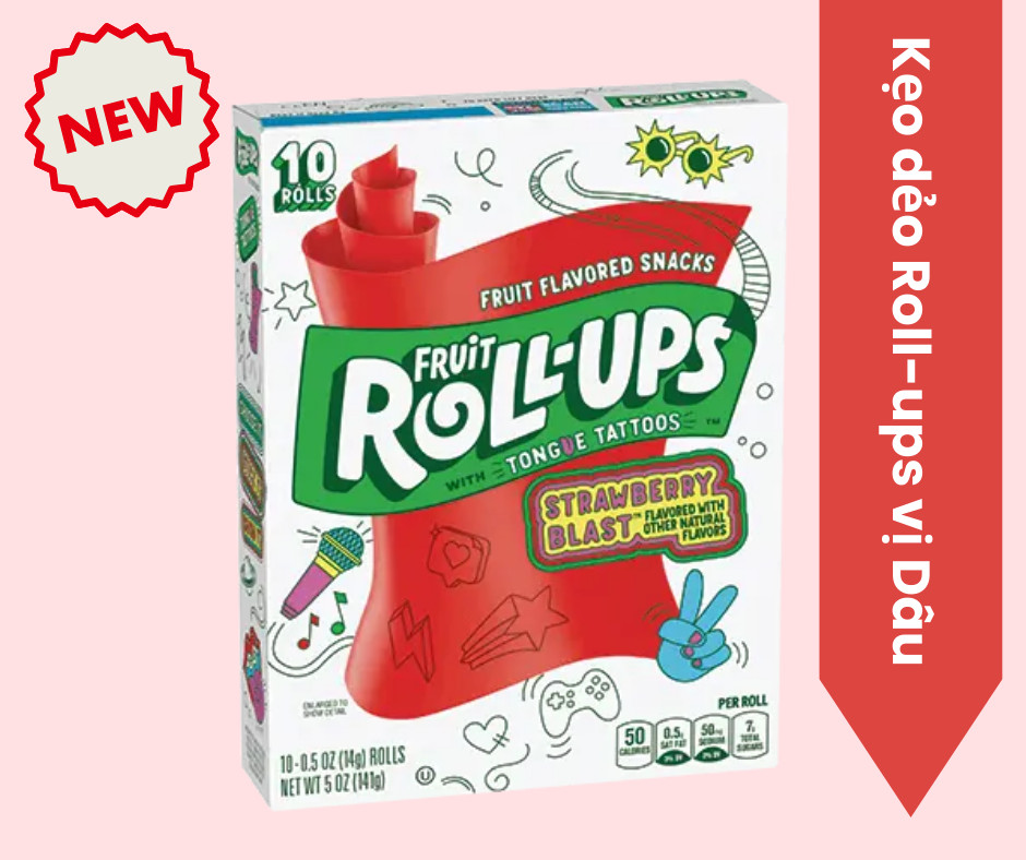 Kẹo dẻo Fruit Roll Ups Strawberry Sensation -Kẹo cuộn kem 141g