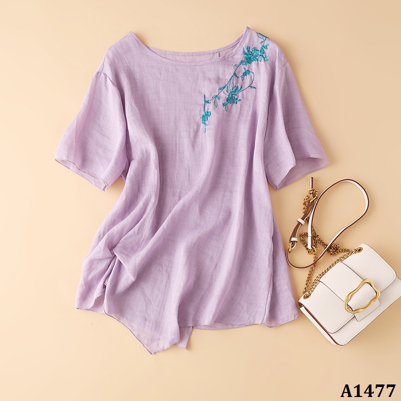 A1477-áo ramie cổ tròn thêu vai hoa