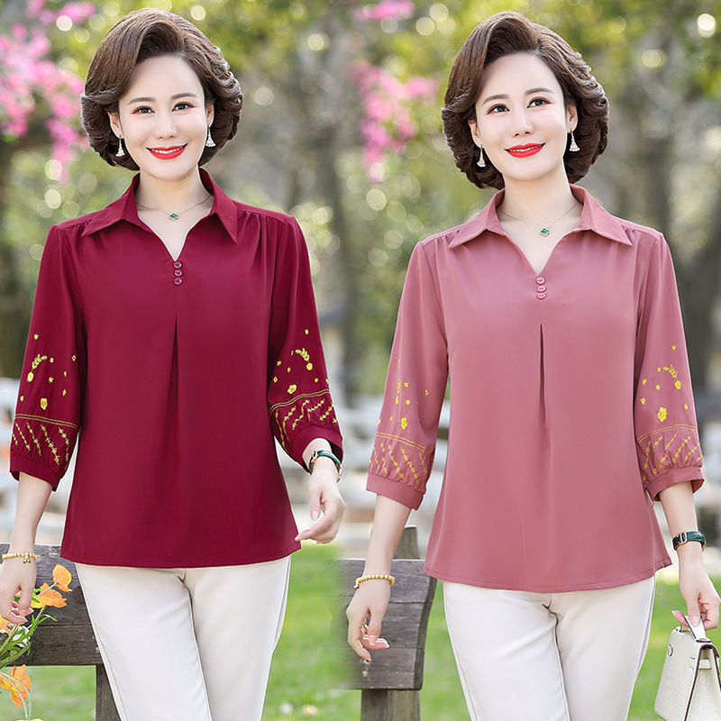 Áo sơ mi trung niên tay lỡ thêu hoa kiểu dáng sang trọng