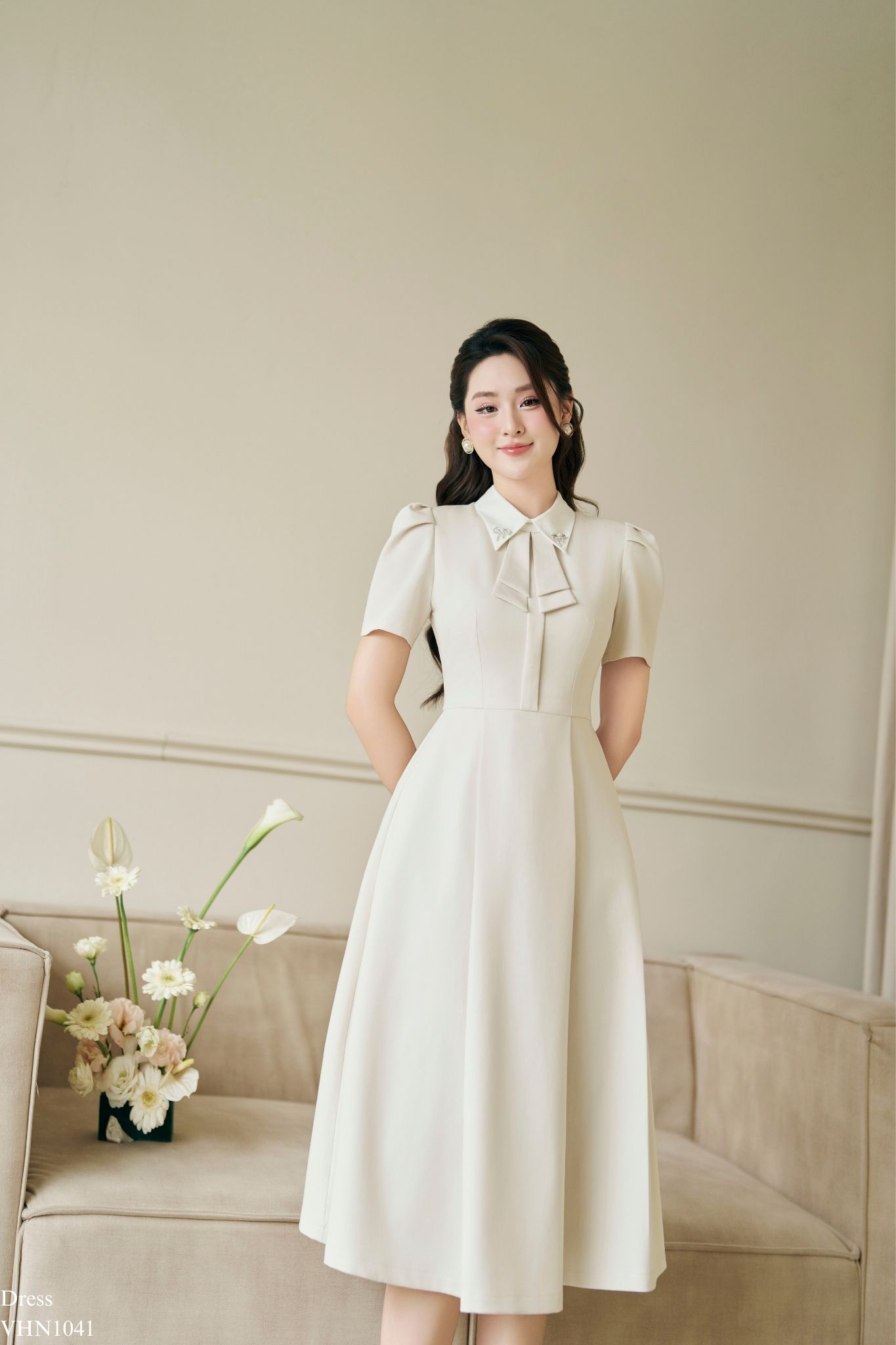 Váy phối cổ đức đính nơ đá vạt nơ thiết kế thanh lịch tiểu thư tiinstore vhn1041