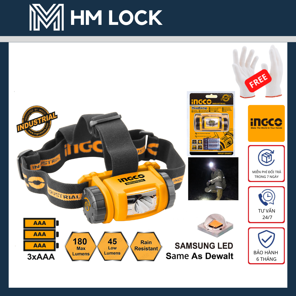 Đèn pha đội đầu ingco chiếu xa 50 mét - có khả năng chống nước ipx-4 - hhl013aaa2 - hm lock