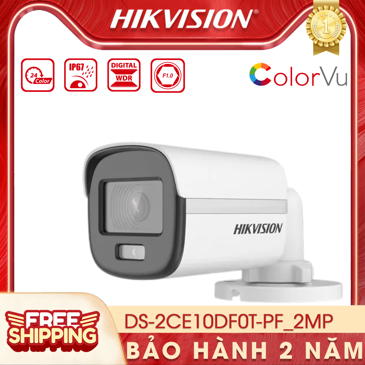 Camera analog ngoài trời colorvu hikvision ds-2ce10df0t-pf | có màu | 2mp | chống nước, chống bụi | đèn trợ sáng | hồng ngoại 20m