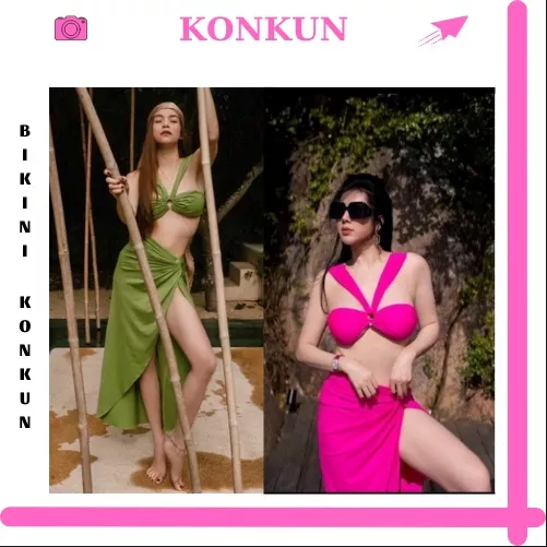 Set bikini 3 món hồ ngọc hà áo khoen phối váy xoắn eo konkun ms97