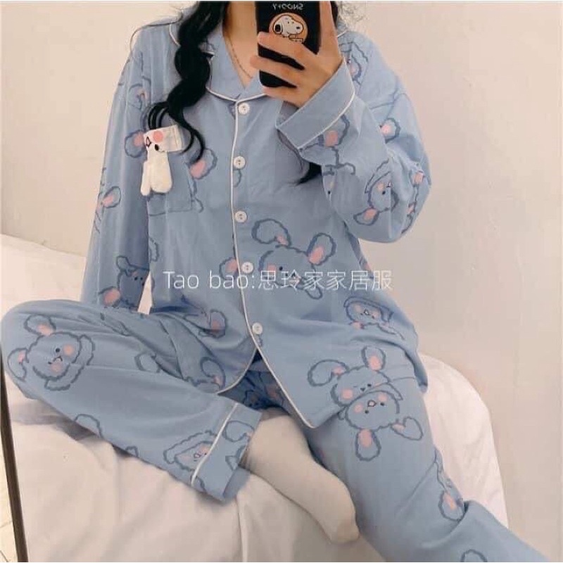 Bộ ngủ - đồ ngủ pijama thỏ xanh kate lụa loại 1