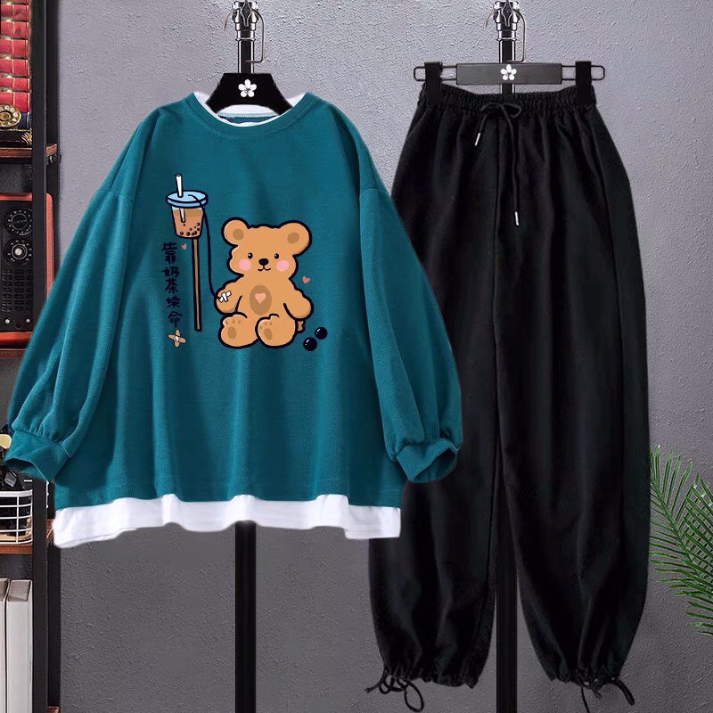 Sét áo sweater gấu truyền trà sữa. kèm quần bom dây rút.