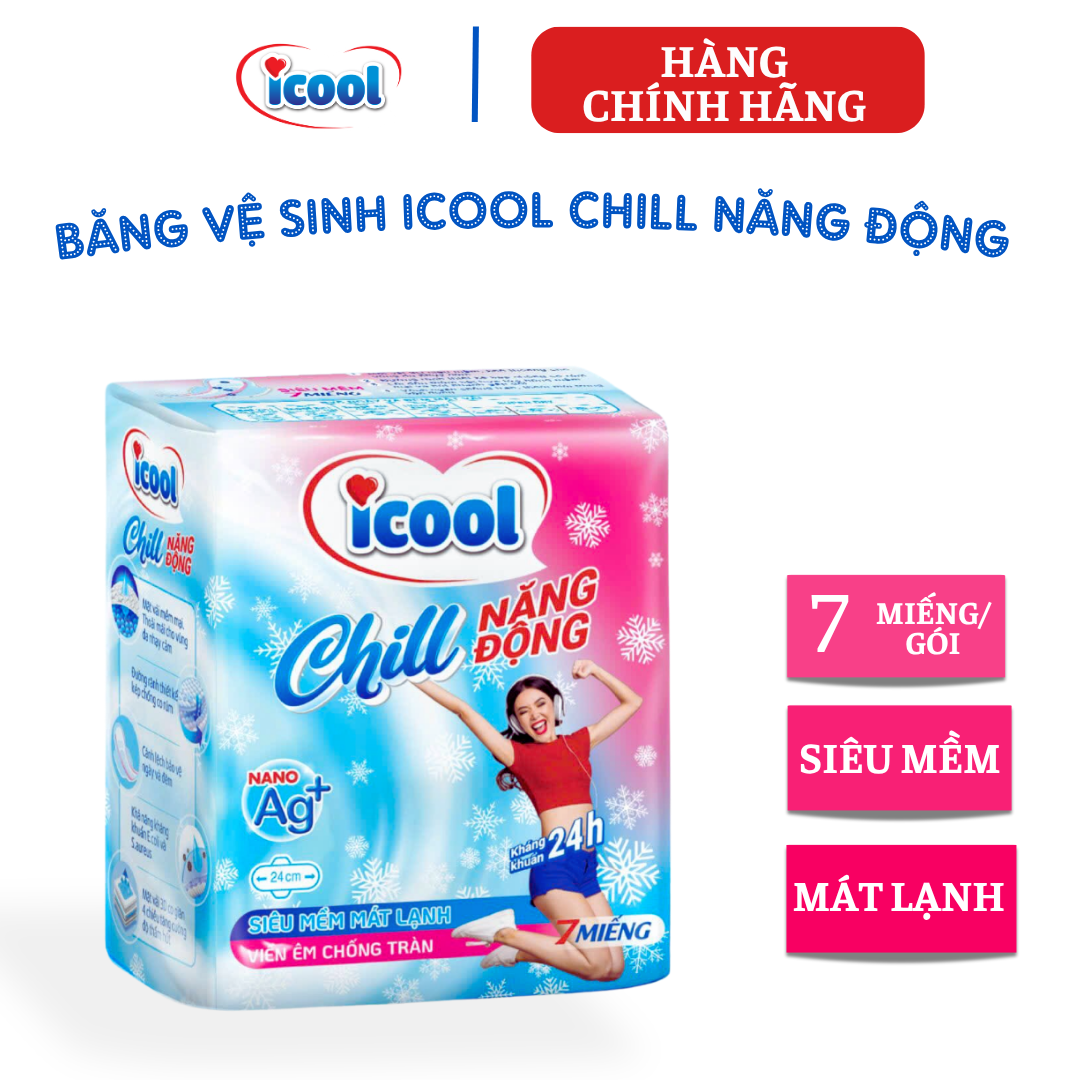 {Hàng chính hãng} Băng vệ sinh ICOOL CHILL Năng Động 7 miếng,  BVS ban ngày  24cm, có cánh, MẶT VẢI siêu mềm, BẠC HÀ MÁT LẠNH.