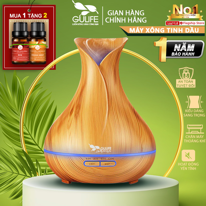 Tặng 2 Mua 1 Máy Khuếch Tán Tinh Dầu Phun Sương Tạo Độ Ẩm Hình Tulip Vân Gỗ GULIFE Có Remote Dung Tích 500ml - Máy Xông Tinh Dầu Siêu Âm - MKT06
