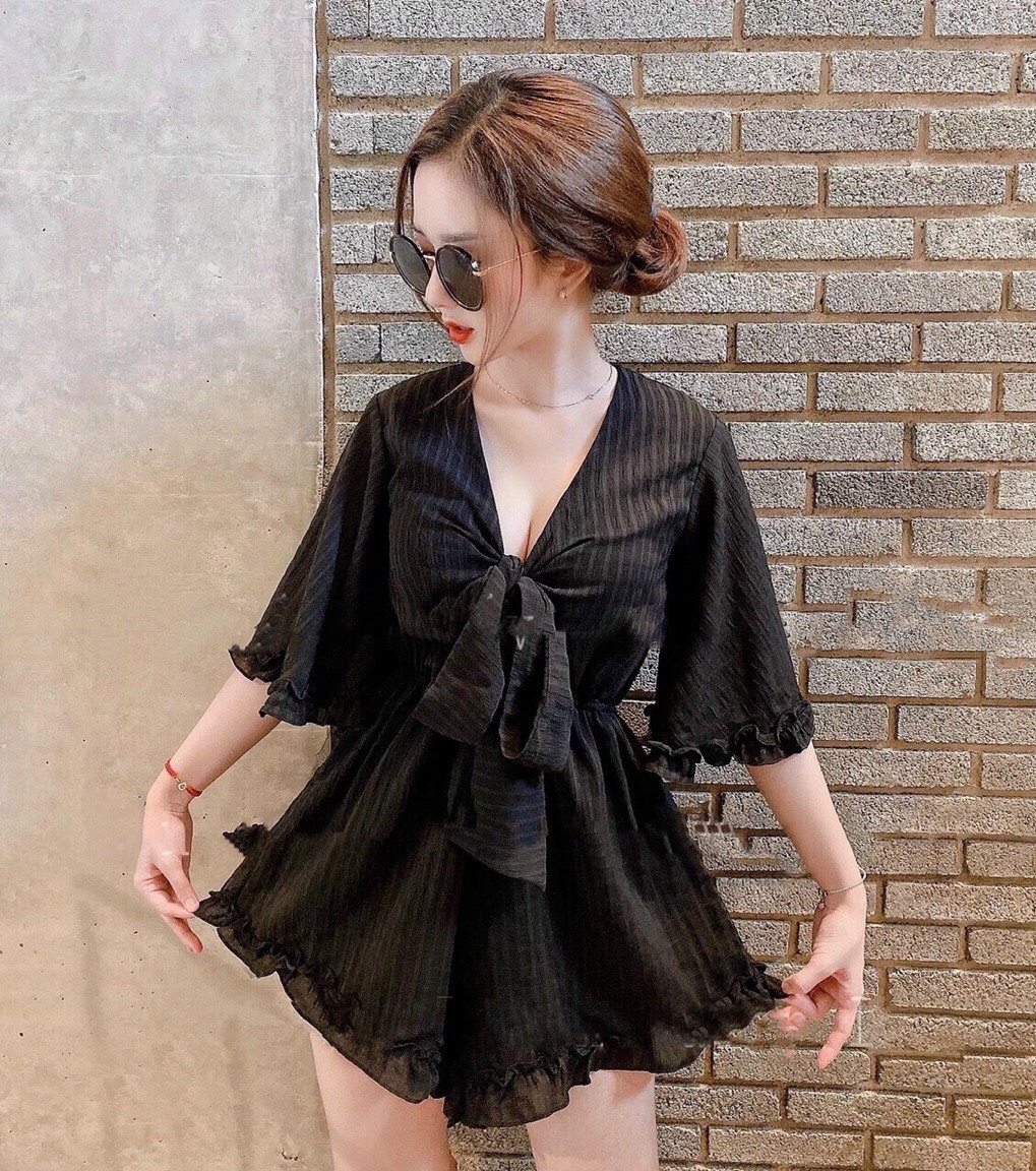 JUM ĐÙI NỮ ÁO TAY NGẮN VIỀN BÈO, CỔ V CỘT NƠ, BO EO TÔN DÁNG, KÈM ẢNH THẬT