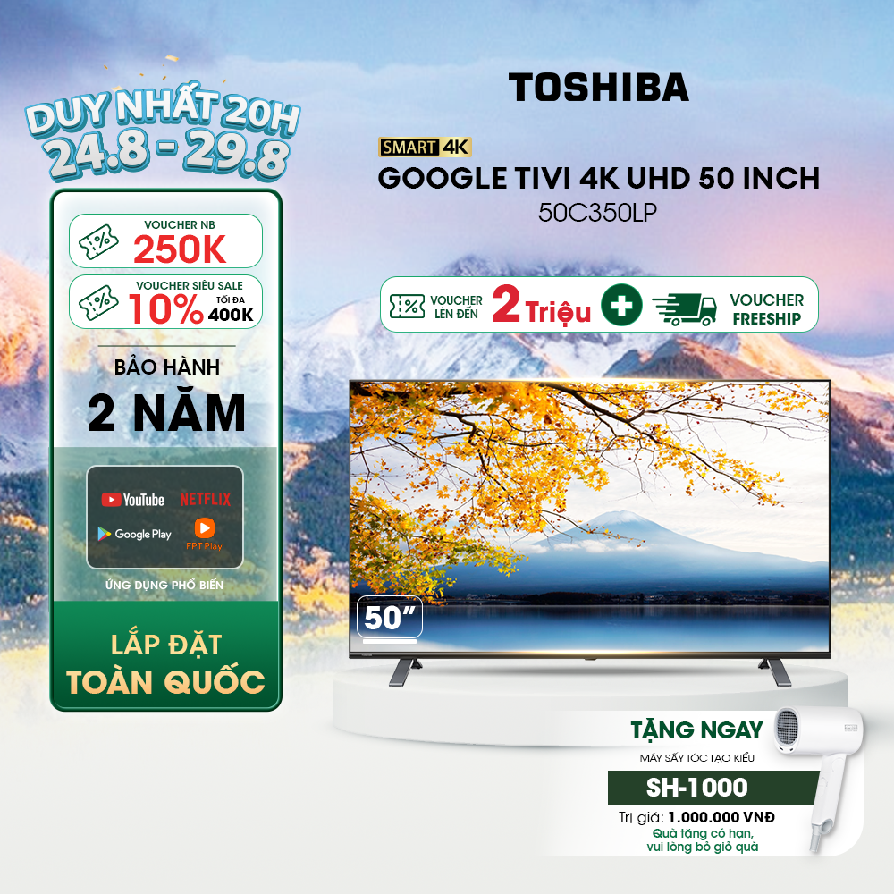 Google tivi toshiba 50 inch 50c350lp, smart tv màn hình led 4k uhd - loa 24w - miễn phí lắp đặt