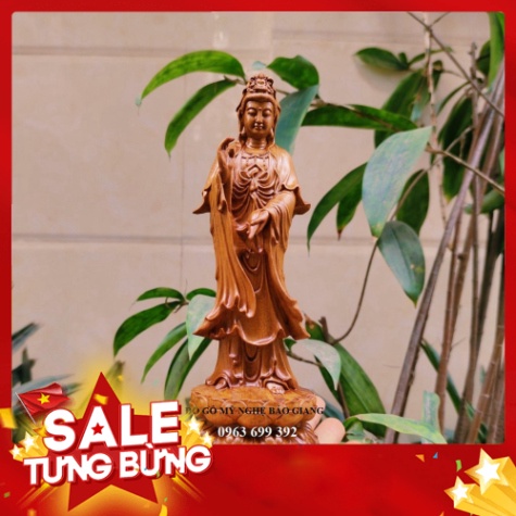 Tượng phật bà quan âm bằng gỗ bách xanh cao 20 cm