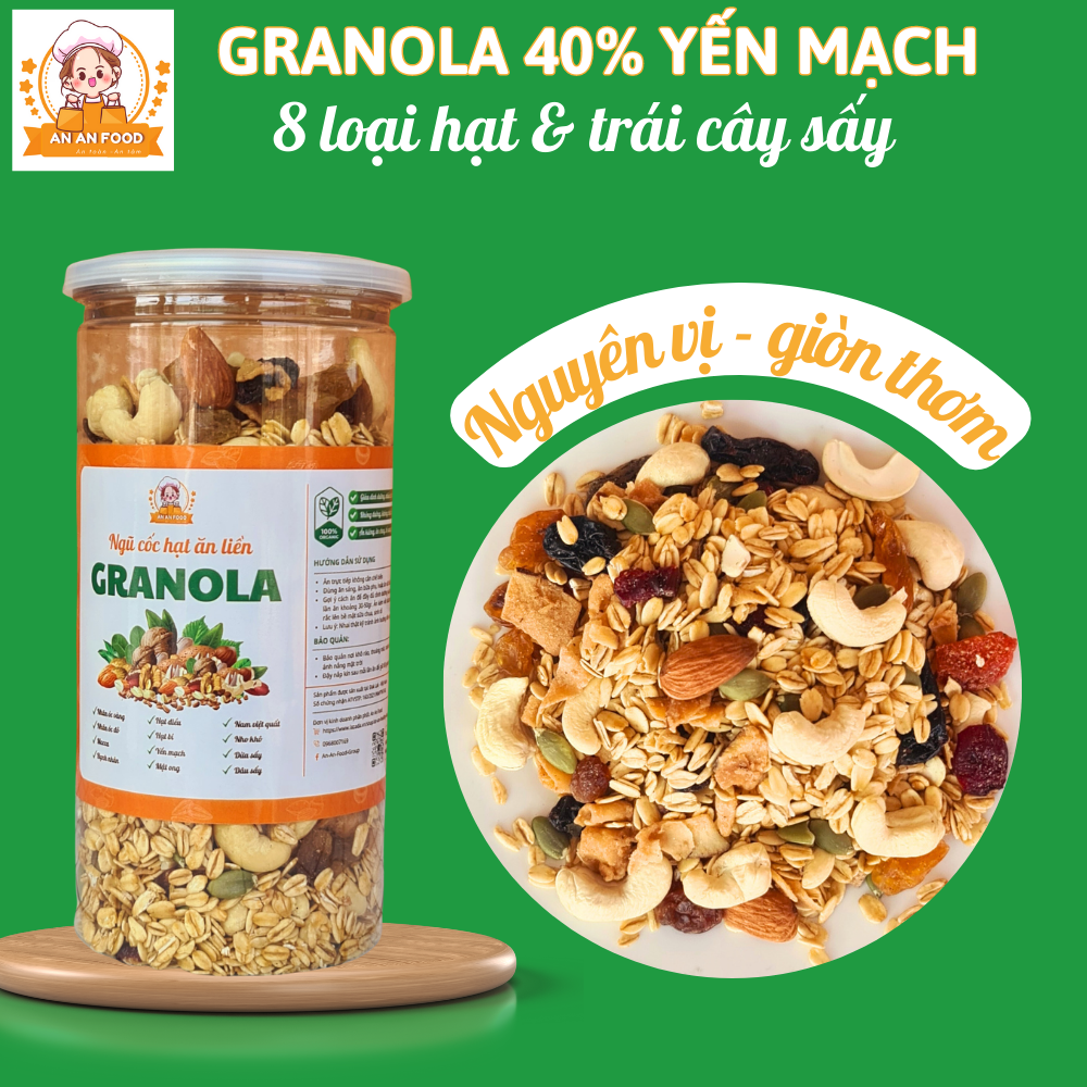 Granola hạt ngũ cốc dinh dưỡng ăn kiêng An An Food 500gr -  Hạt ngũ cốc loại 1, giòn thơm - Ăn sáng, eatclean, ăn kiêng, giảm cân- Gồm đầy đủ hạt dinh dưỡng mix cùng 40% yến mạch và trái cây sấy